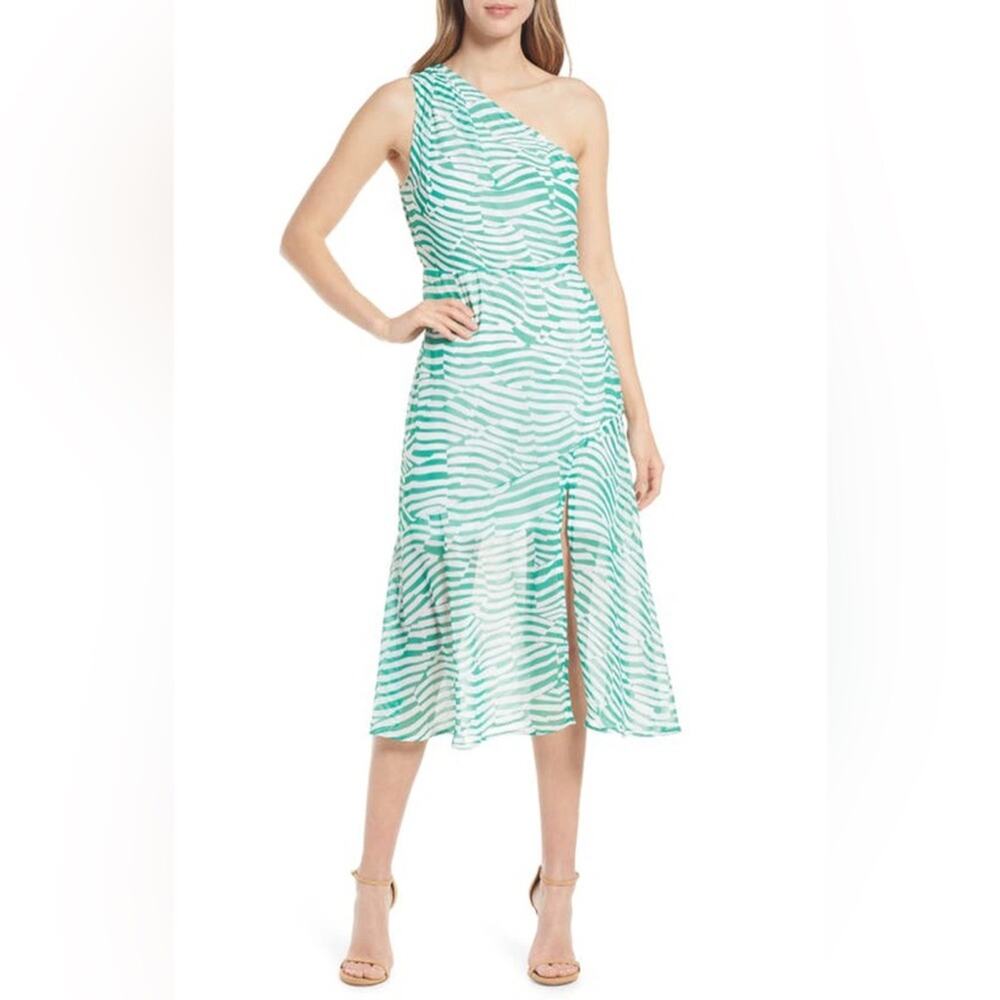 NWT Sam Edelman Green White Stripe One Shoulder Midi Dress Size 4‎